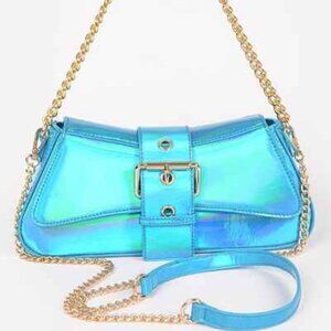 Iridescent Metallic Shiny Aqua Blue - Gold Buckle Crossbody / Chain Straps - NWT